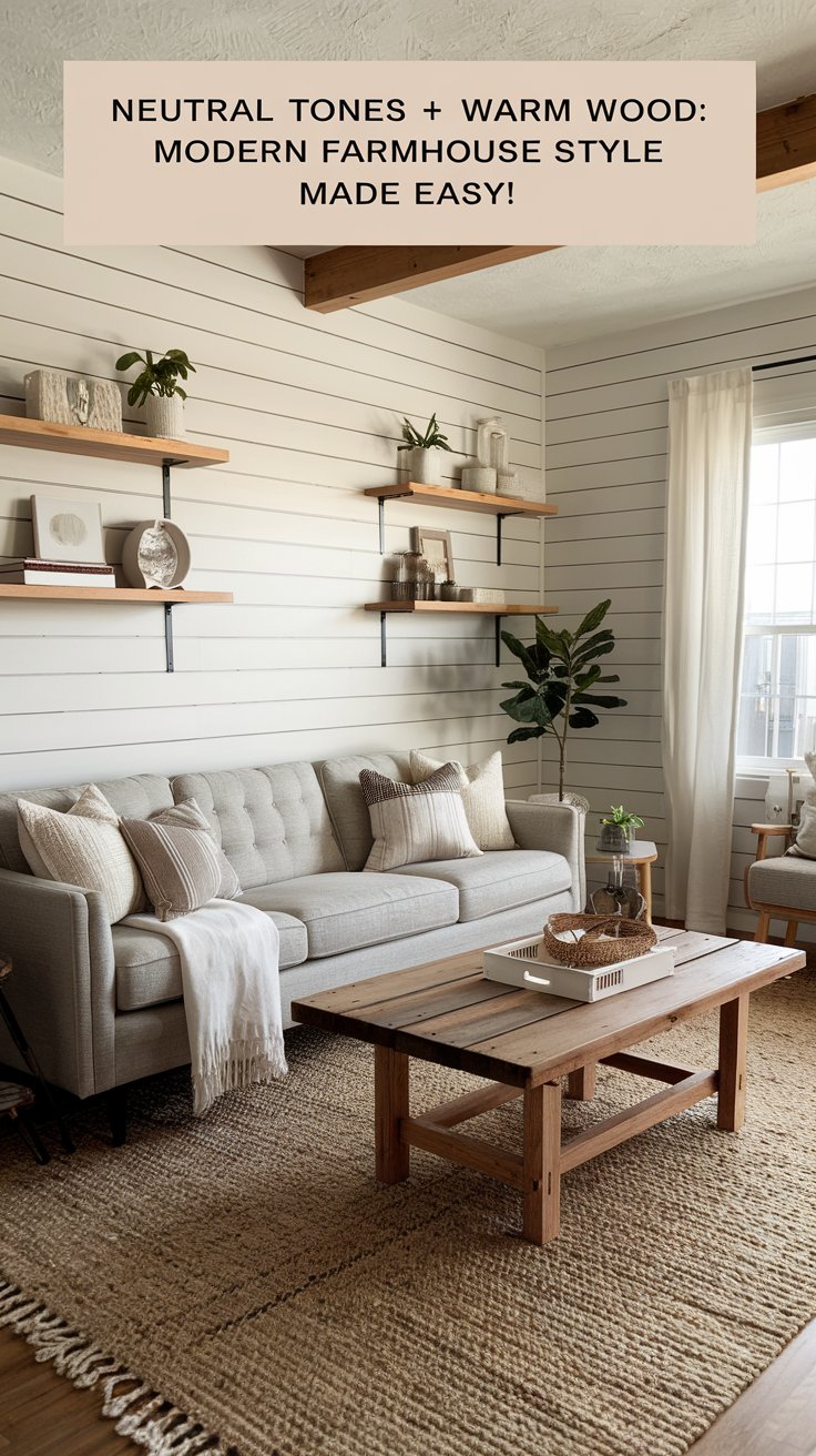 A living room with a soft gray sofa, a reclaimed wood coffee table, and a woven area rug. The walls are painted in a crisp white with wooden floating shelves holding small plants and neutral decor. A living room with a soft gray sofa, a reclaimed wood coffee table, and a woven area rug. The walls are painted in a crisp white with wooden floating shelves holding small plants and neutral decor.