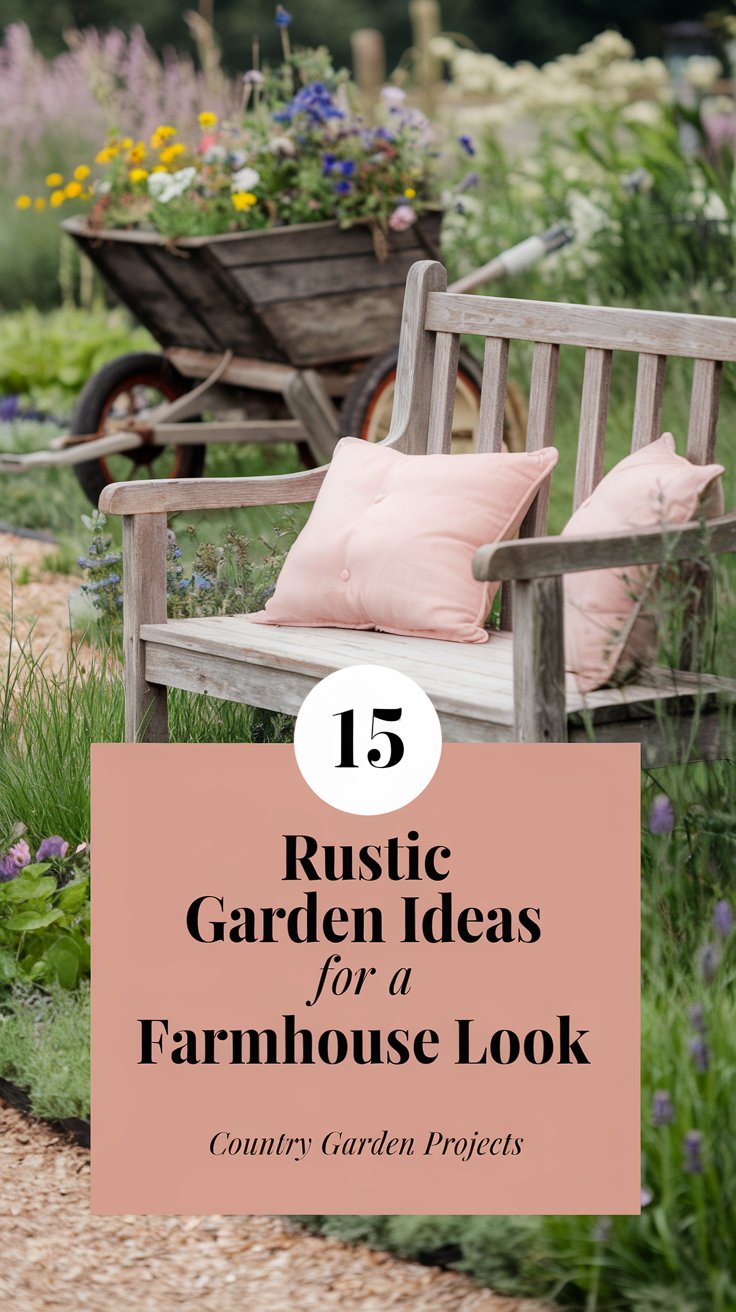 A charming farmhouse garden featuring a rustic wooden bench with blush pink cushions surrounded by garden greenery. In the background, an old wooden wheelbarrow filled with vibrant wildflowers. A charming farmhouse garden featuring a rustic wooden bench with blush pink cushions surrounded by garden greenery. In the background, an old wooden wheelbarrow filled with vibrant wildflowers.