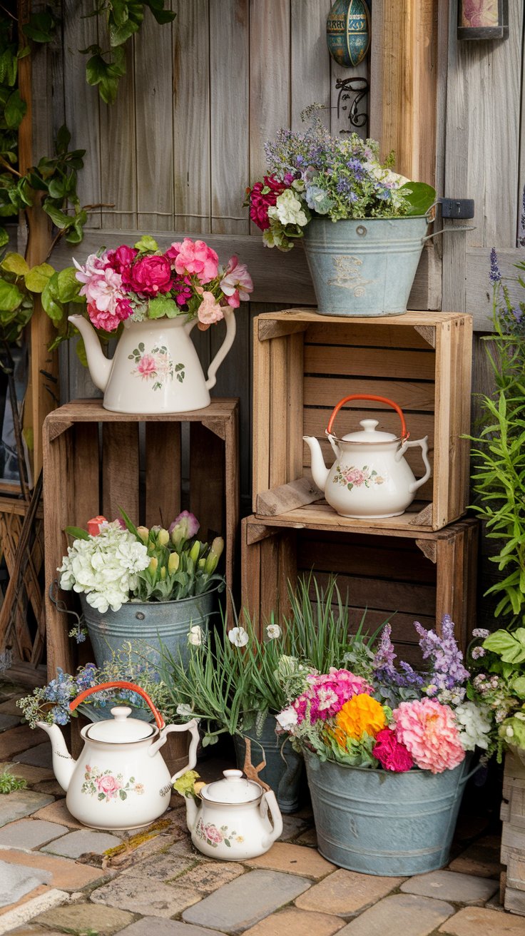 A cozy garden corner featuring vintage teapots, wooden crates, and old buckets filled with vibrant flowers and greenery. Soft natural lighting highlights the rustic charm. A cozy garden corner featuring vintage teapots, wooden crates, and old buckets filled with vibrant flowers and greenery. Soft natural lighting highlights the rustic charm.