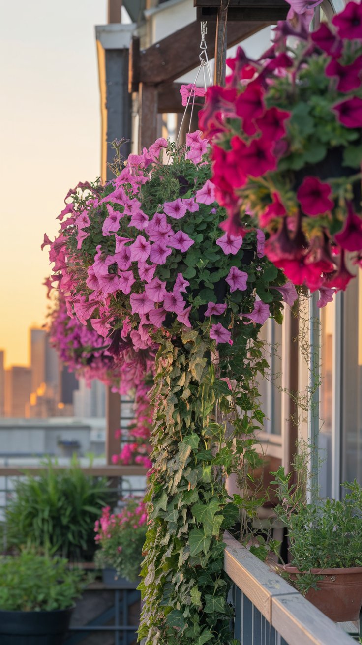 A balcony garden with vibrant hanging baskets filled with petunias and ivy, creating a lush, cascading effect. The warm glow of sunset adds a welcoming feel. A balcony garden with vibrant hanging baskets filled with petunias and ivy, creating a lush, cascading effect. The warm glow of sunset adds a welcoming feel.