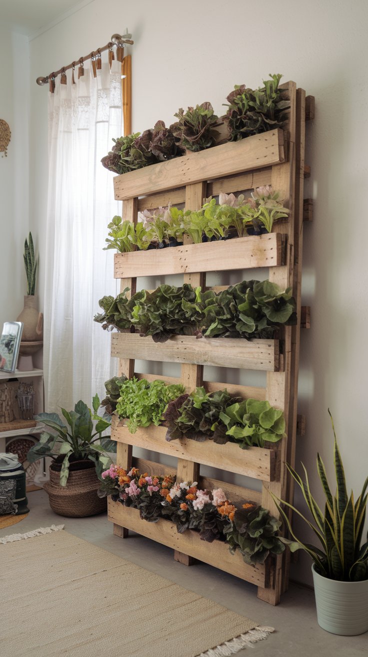 A vertical garden made from a wooden pallet, filled with leafy greens and flowers. The plants are growing in each slat, with the pallet leaning against a white wall. A vertical garden made from a wooden pallet, filled with leafy greens and flowers. The plants are growing in each slat, with the pallet leaning against a white wall.