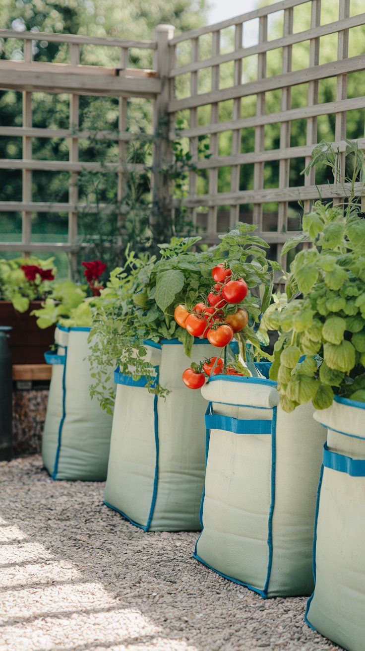 A sunny patio with several garden-in-a-bag containers, each filled with healthy tomatoes and herbs. The bags are neatly arranged, with a simple, functional design. A sunny patio with several garden-in-a-bag containers, each filled with healthy tomatoes and herbs. The bags are neatly arranged, with a simple, functional design.