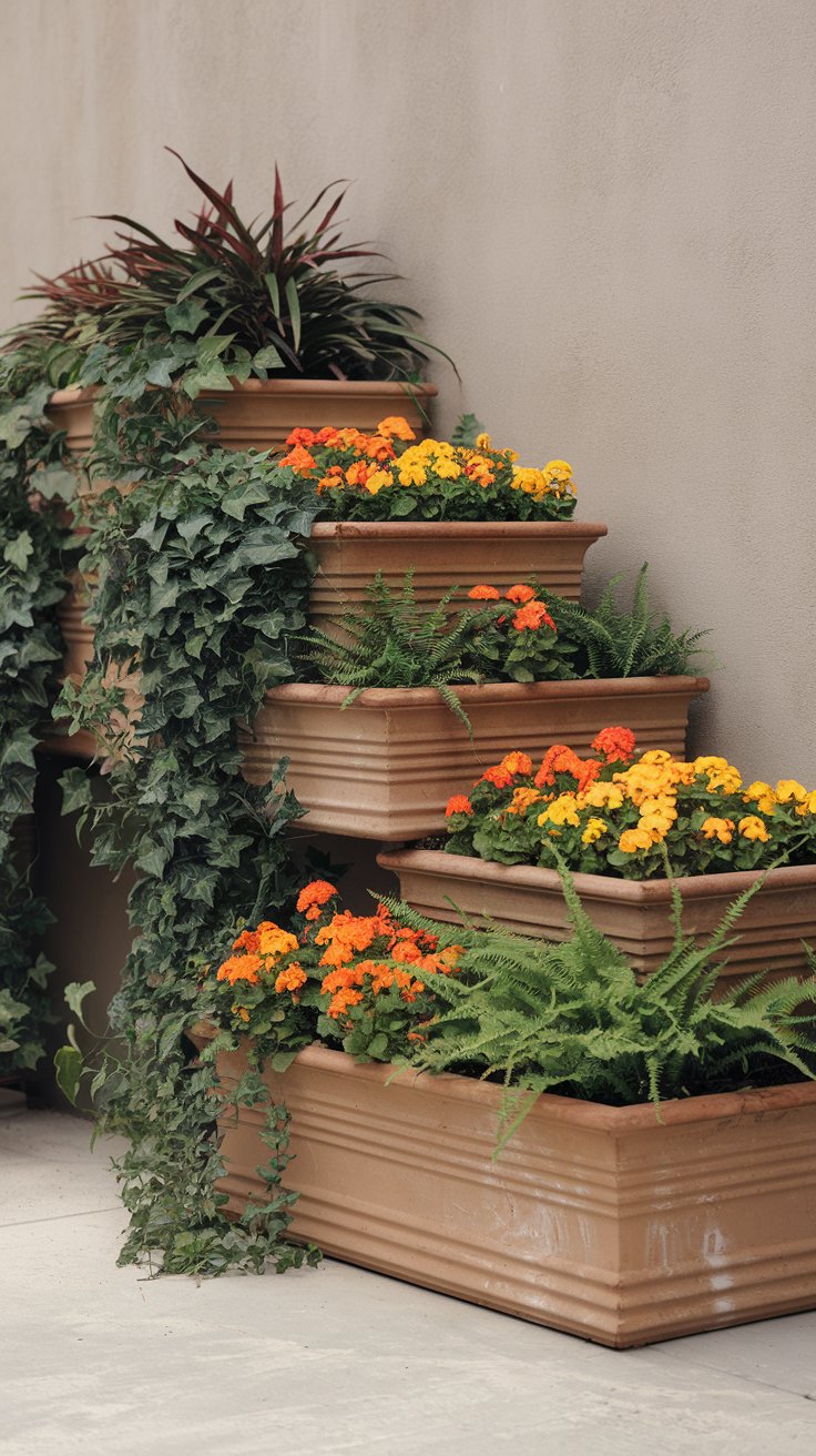 A series of stacked planters with lush greenery and colorful flowers in each, placed on a patio against a neutral-colored wall. A series of stacked planters with lush greenery and colorful flowers in each, placed on a patio against a neutral-colored wall.
