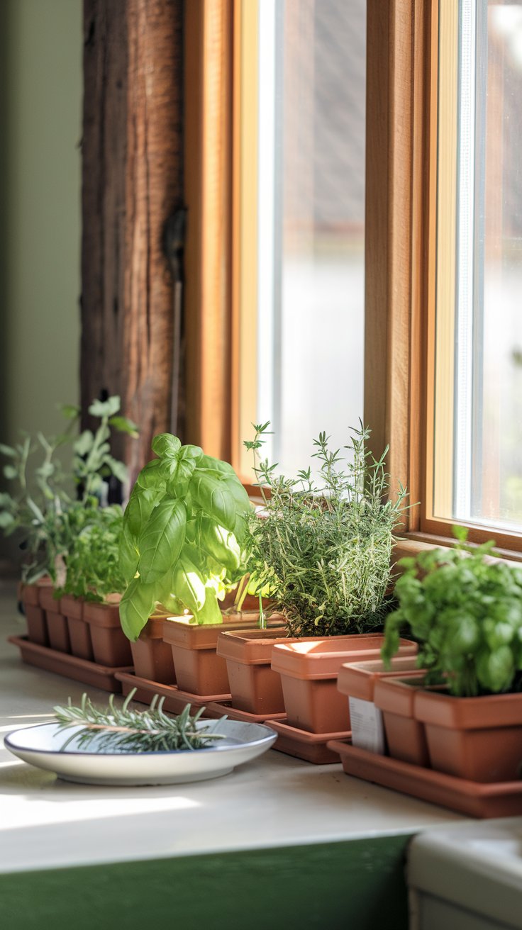 A kitchen windowsill lined with small pots of fresh herbs like basil, thyme, and rosemary. Bright natural light pours in, creating a warm and inviting atmosphere. A kitchen windowsill lined with small pots of fresh herbs like basil, thyme, and rosemary. Bright natural light pours in, creating a warm and inviting atmosphere.