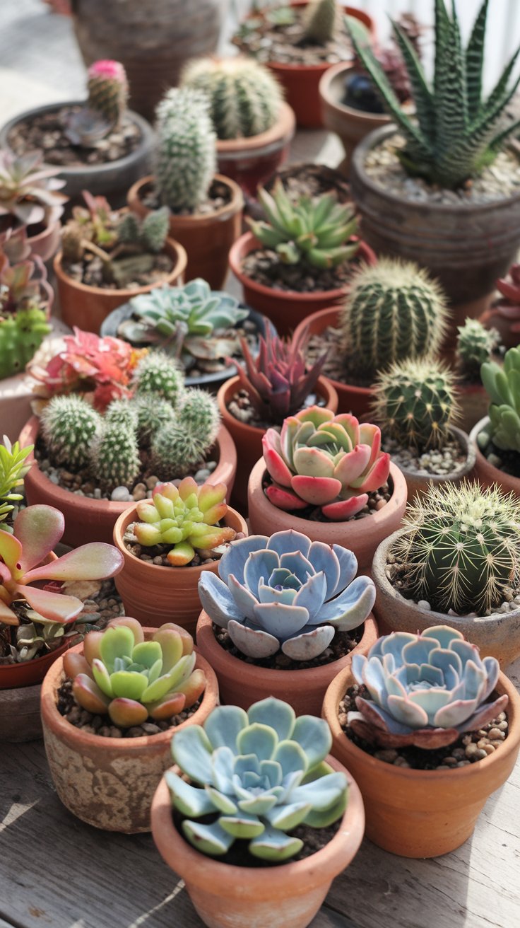 A collection of colorful succulents and cacti in a mix of rustic terracotta pots. The plants vary in size, shape, and color, arranged on a wooden table in bright sunlight. A collection of colorful succulents and cacti in a mix of rustic terracotta pots. The plants vary in size, shape, and color, arranged on a wooden table in bright sunlight.