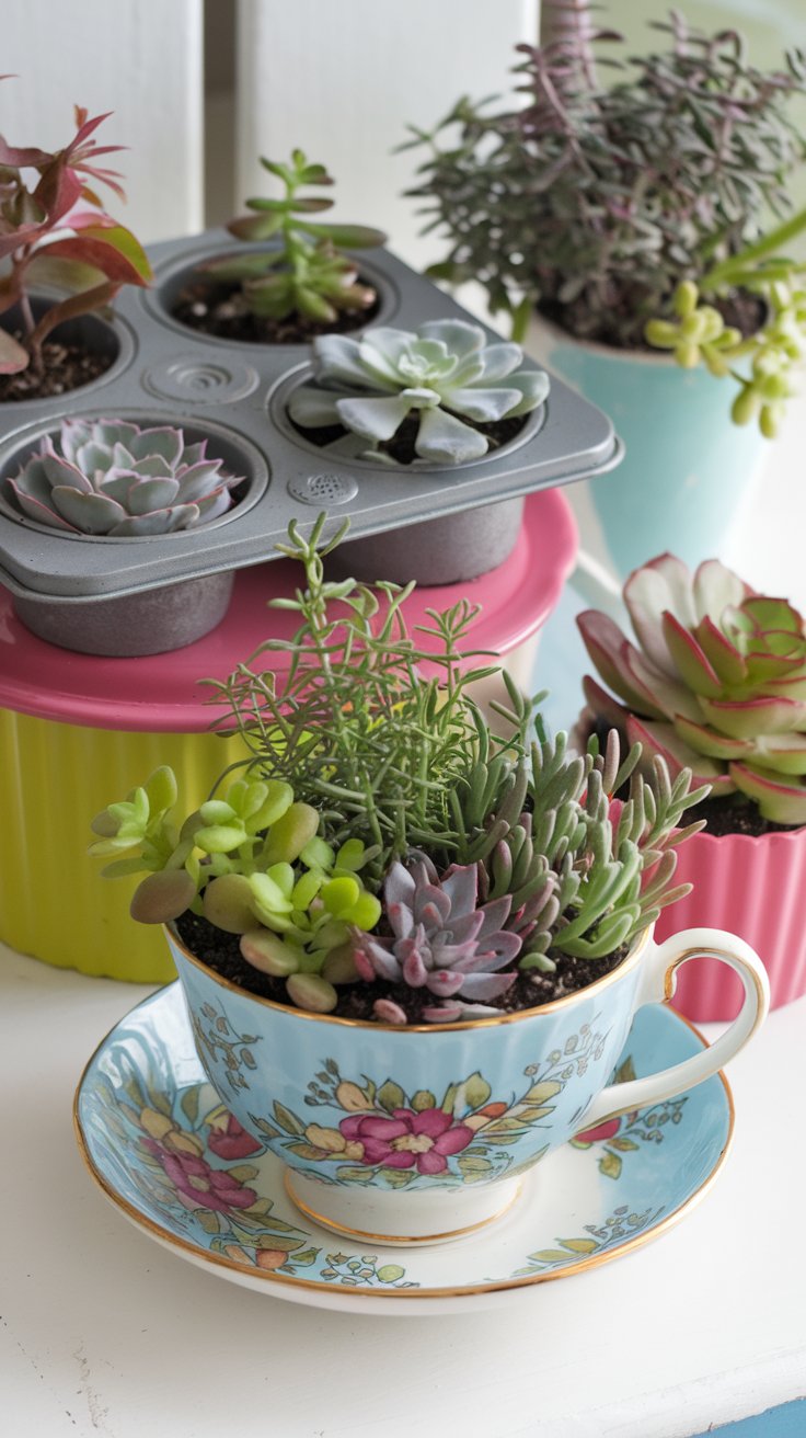 An array of quirky kitchen item planters, including a muffin tin filled with succulents and a teacup overflowing with small herbs. Bright, playful colors make it fun and inviting. An array of quirky kitchen item planters, including a muffin tin filled with succulents and a teacup overflowing with small herbs. Bright, playful colors make it fun and inviting.