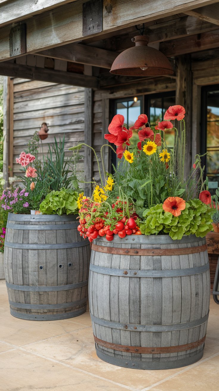Two large upcycled wine barrels planted with vibrant flowers and vegetables, positioned on a patio with rustic charm. The bright colors contrast beautifully against the weathered wood. Two large upcycled wine barrels planted with vibrant flowers and vegetables, positioned on a patio with rustic charm. The bright colors contrast beautifully against the weathered wood.