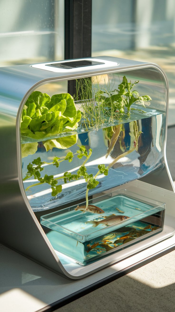 A modern aquaponic system featuring water-grown lettuce and herbs with a small fish tank below. The container is sleek and futuristic, placed in a sunlit space. A modern aquaponic system featuring water-grown lettuce and herbs with a small fish tank below. The container is sleek and futuristic, placed in a sunlit space.