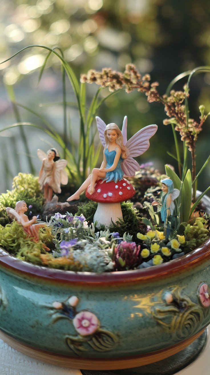 A magical fairy garden inside a round ceramic container, with moss, tiny flowers, and little fairy figurines scattered around. The soft glow of morning sunlight makes it look enchanting. A magical fairy garden inside a round ceramic container, with moss, tiny flowers, and little fairy figurines scattered around. The soft glow of morning sunlight makes it look enchanting.