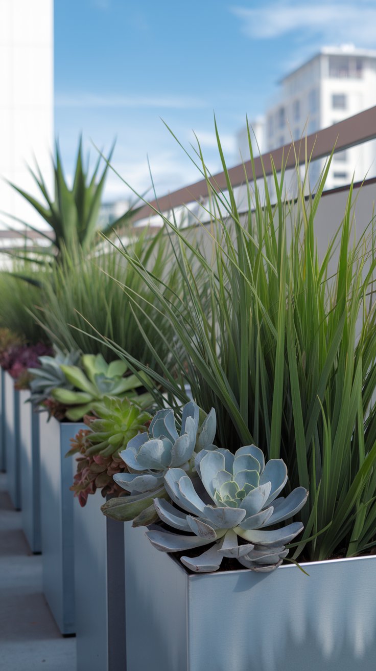 A row of faux grass planters arranged on a balcony, with some real succulents mixed in. The containers are sleek, modern, and effortlessly chic. A row of faux grass planters arranged on a balcony, with some real succulents mixed in. The containers are sleek, modern, and effortlessly chic.
