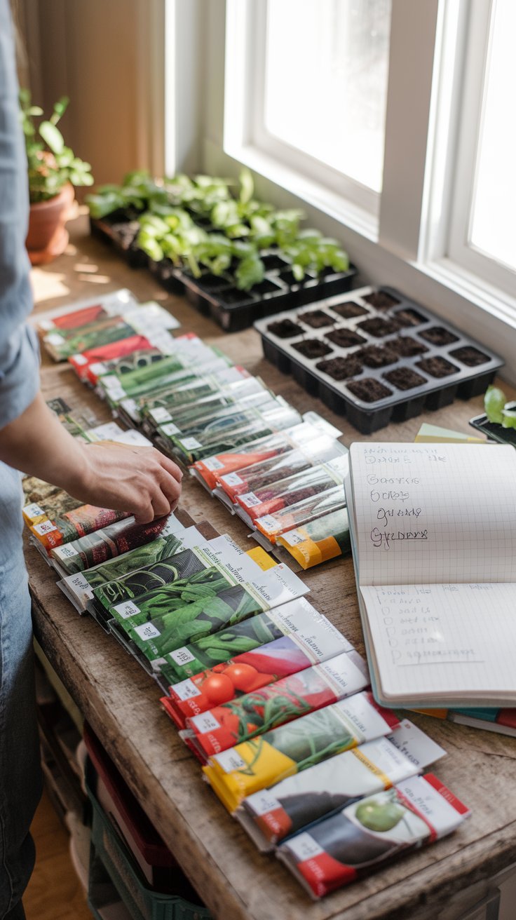 A gardener stands at a rustic wooden table covered with seed packets of various vegetables and herbs. The seeds are neatly organized by type, with colorful labels like "Tomato," "Basil," and "Peppers" visible. In the background, small seed trays with fresh soil are ready for planting, and a gardening notebook filled with notes and plant-growing guides sits beside the packets. Sunlight streams through the window, creating a warm, inviting space to choose the best seeds for indoor planting.