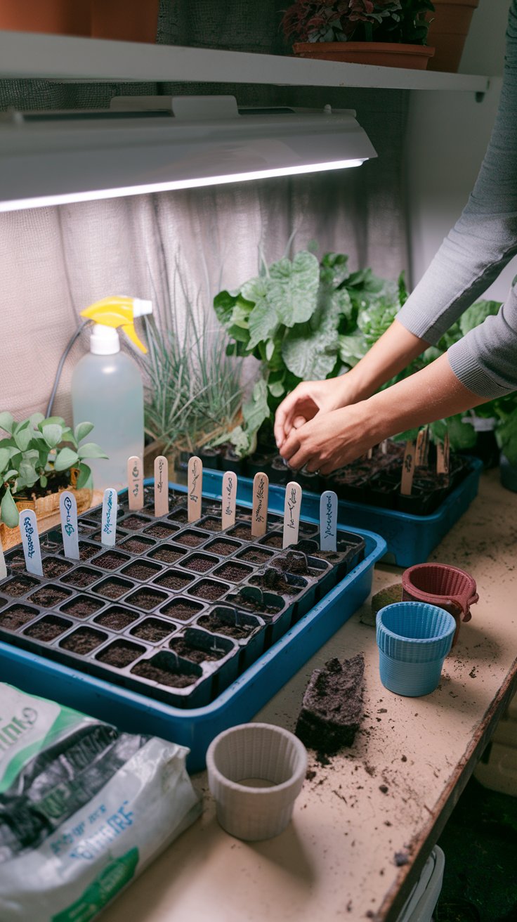 A well-organized seed-starting station with trays filled with rich, dark soil, neatly labeled plant markers, and a spray bottle for gentle watering. Small biodegradable pots and recycled containers sit beside a bag of seed-starting mix. A grow light casts a soft glow over the setup, ensuring the tiny seedlings get the light they need. Nearby, a gardener’s hands carefully place a tiny seed into the soil, ready to nurture new life. The scene is a perfect mix of practicality and excitement for the growing season ahead.