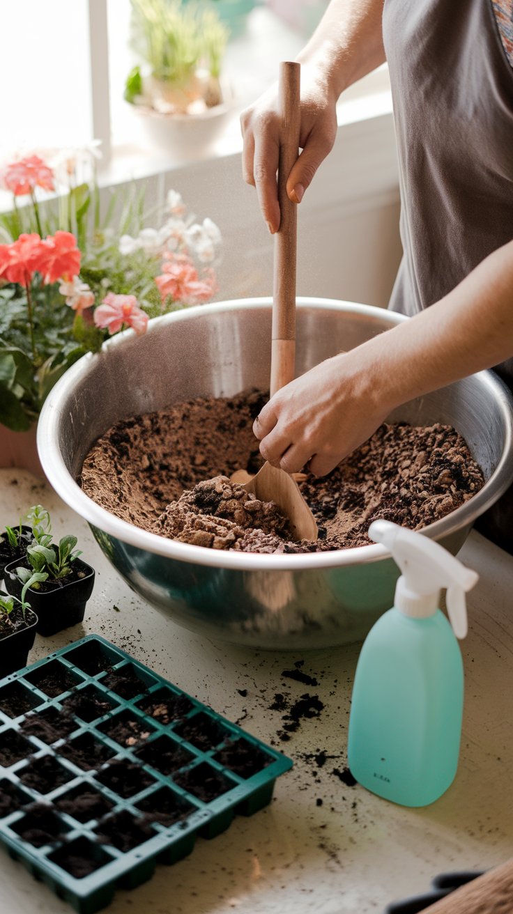 A gardener stirs a rich, fluffy seed-starting mix in a large bowl, ensuring it's light and well-aerated. Nearby, biodegradable seed trays and small pots are ready to be filled. A misting spray bottle sits close by, hinting at the next step—moistening the soil to create the perfect environment for tiny seeds to sprout. Soft natural light filters in, illuminating the earthy textures of the soil and the gardener’s hands as they prepare the planting medium with care.
