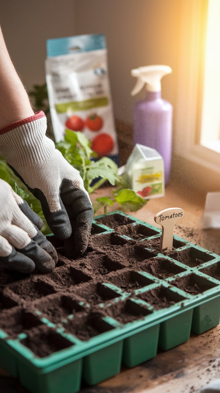 A gardener’s hands carefully drop tiny seeds into pre-made holes in a seed tray filled with rich, moist soil. A small wooden plant marker labeled "Tomatoes" sits nearby, ready to keep track of the seedlings. A gentle dusting of soil covers the seeds as the gardener finishes planting. In the background, seed packets, a misting spray bottle, and a warm glow from a nearby window create a cozy, nurturing atmosphere full of anticipation for new growth.