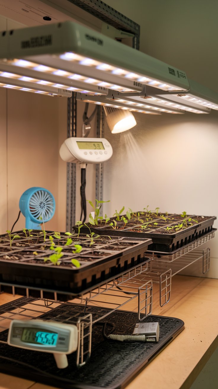 A set of neatly arranged seed trays sits under the warm glow of adjustable grow lights, mimicking natural sunlight. A digital thermometer and humidity gauge rest nearby, ensuring the perfect conditions for germination. A gentle heat mat beneath the trays provides warmth, encouraging the seeds to sprout. In the background, a misting spray bottle and a small fan hint at the careful balance of moisture and airflow needed to nurture healthy seedlings. The scene radiates a sense of controlled care and the excitement of watching new life emerge.