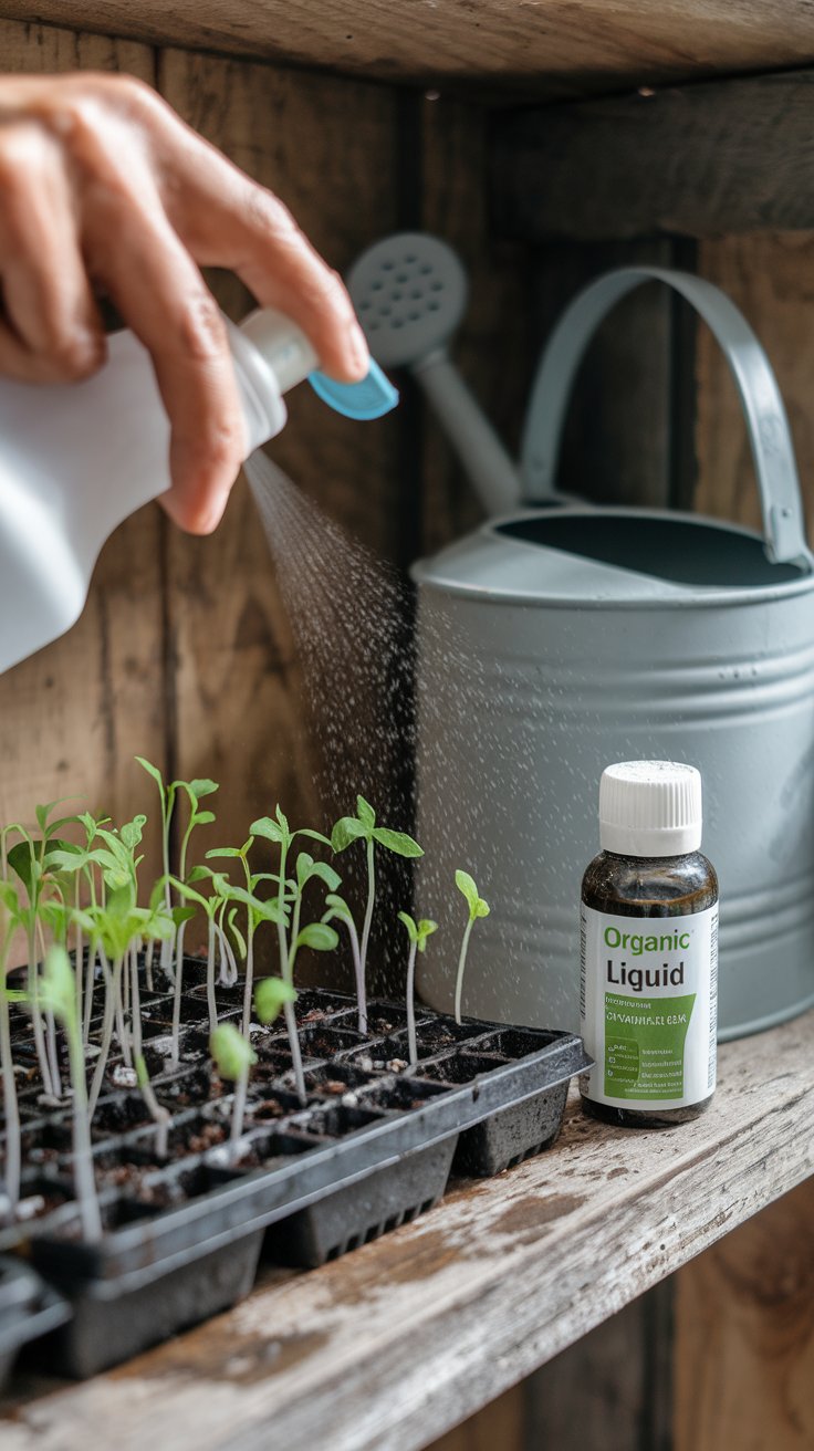 A gardener’s hand holds a small misting spray bottle, gently spritzing delicate seedlings with a fine mist of water. Tiny green sprouts reach upward from their seed trays, their leaves glistening with moisture. Nearby, a small bottle of organic liquid fertilizer and a watering can sit on a rustic wooden shelf, ready for use. A carefully measured drop of fertilizer is mixed into water, ensuring the young plants receive just the right nutrients. The scene captures the tender care needed to nurture fragile seedlings into strong, healthy plants.