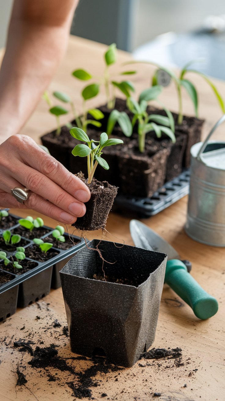 A gardener carefully lifts a young seedling from its tray, its delicate roots cradled in rich soil. The tiny plant, with its first set of true leaves, is being placed into a larger biodegradable pot filled with fresh soil. In the background, a collection of seedlings at different stages of growth sits on a wooden table, ready for transplanting. A small trowel, watering can, and plant markers rest nearby, hinting at the exciting transition from seed tray to garden-ready plants. The scene is full of promise, capturing the next step in the seedling’s journey to the garden.
