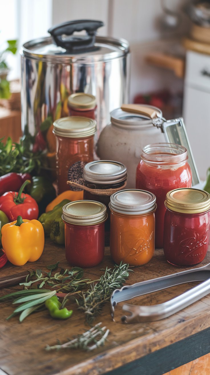 A canning kit laid out on a farmhouse-style kitchen table. The kit includes mason jars, lids, a pressure canner, jar lifter, and tongs—all beautifully arranged with a backdrop of fresh herbs and produce. A canning kit laid out on a farmhouse-style kitchen table. The kit includes mason jars, lids, a pressure canner, jar lifter, and tongs—all beautifully arranged with a backdrop of fresh herbs and produce.