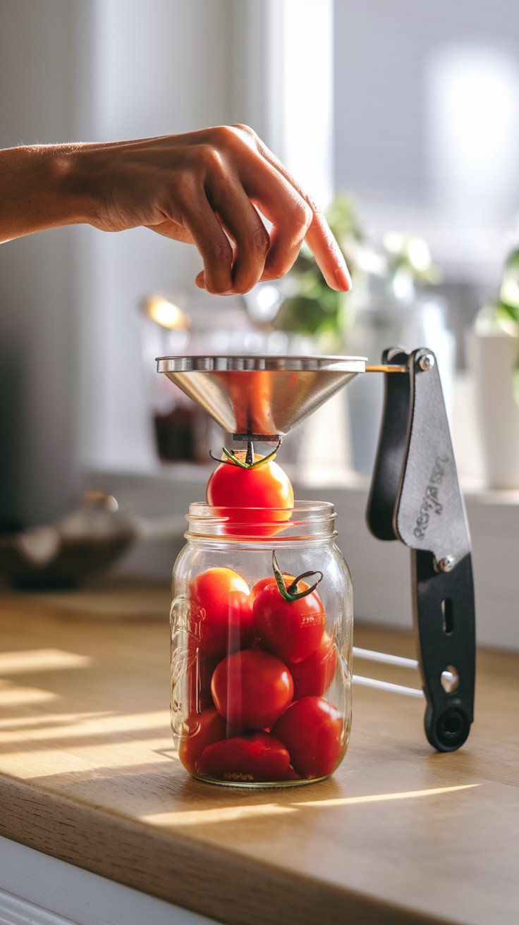 Your hands carefully packing fresh tomatoes into a mason jar, using a jar lifter and funnel. The sunlight filters through the kitchen window, illuminating the clean scene. Your hands carefully packing fresh tomatoes into a mason jar, using a jar lifter and funnel. The sunlight filters through the kitchen window, illuminating the clean scene.