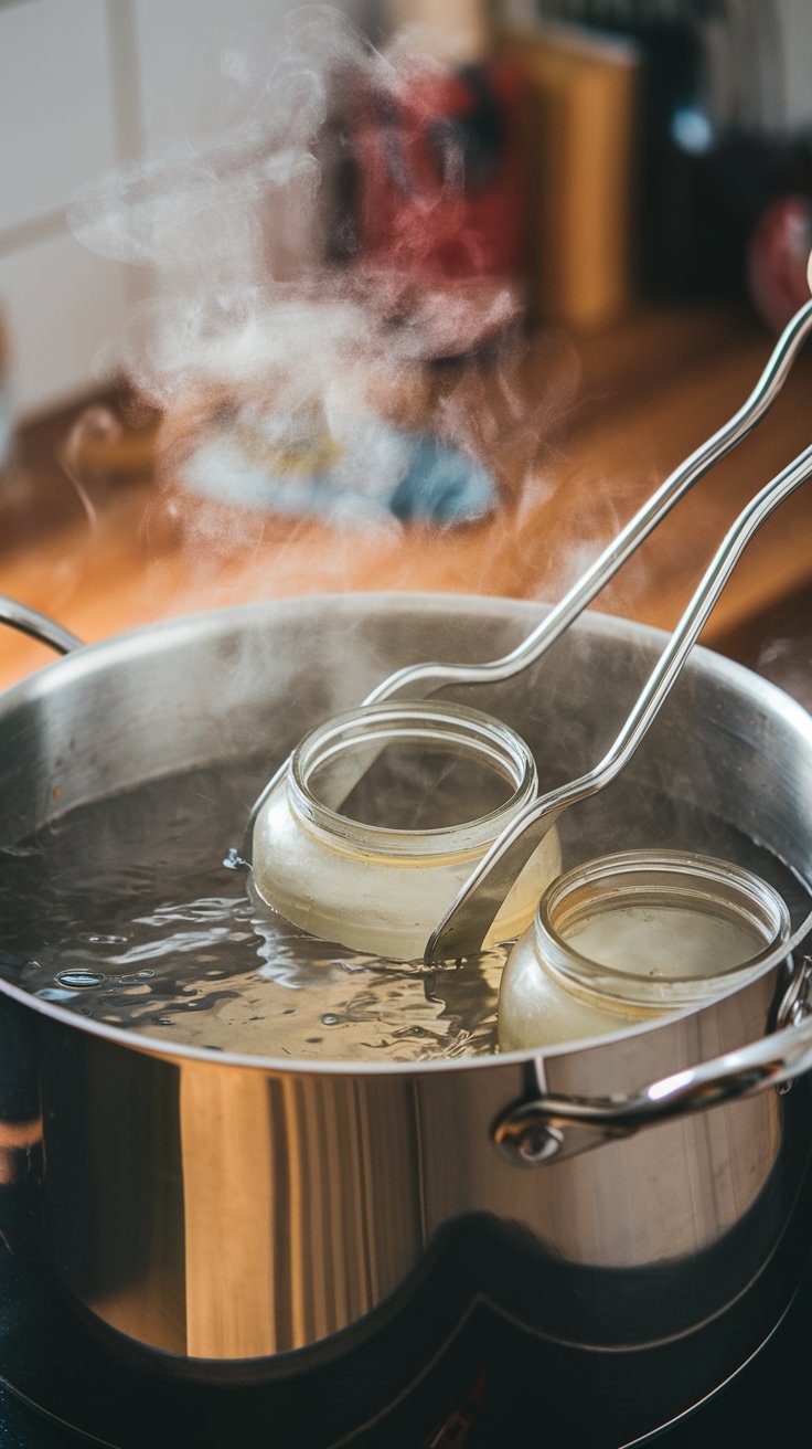 A pot of boiling water, with jars submerged. Steam rises as you carefully remove a jar using a jar lifter. A pot of boiling water, with jars submerged. Steam rises as you carefully remove a jar using a jar lifter.