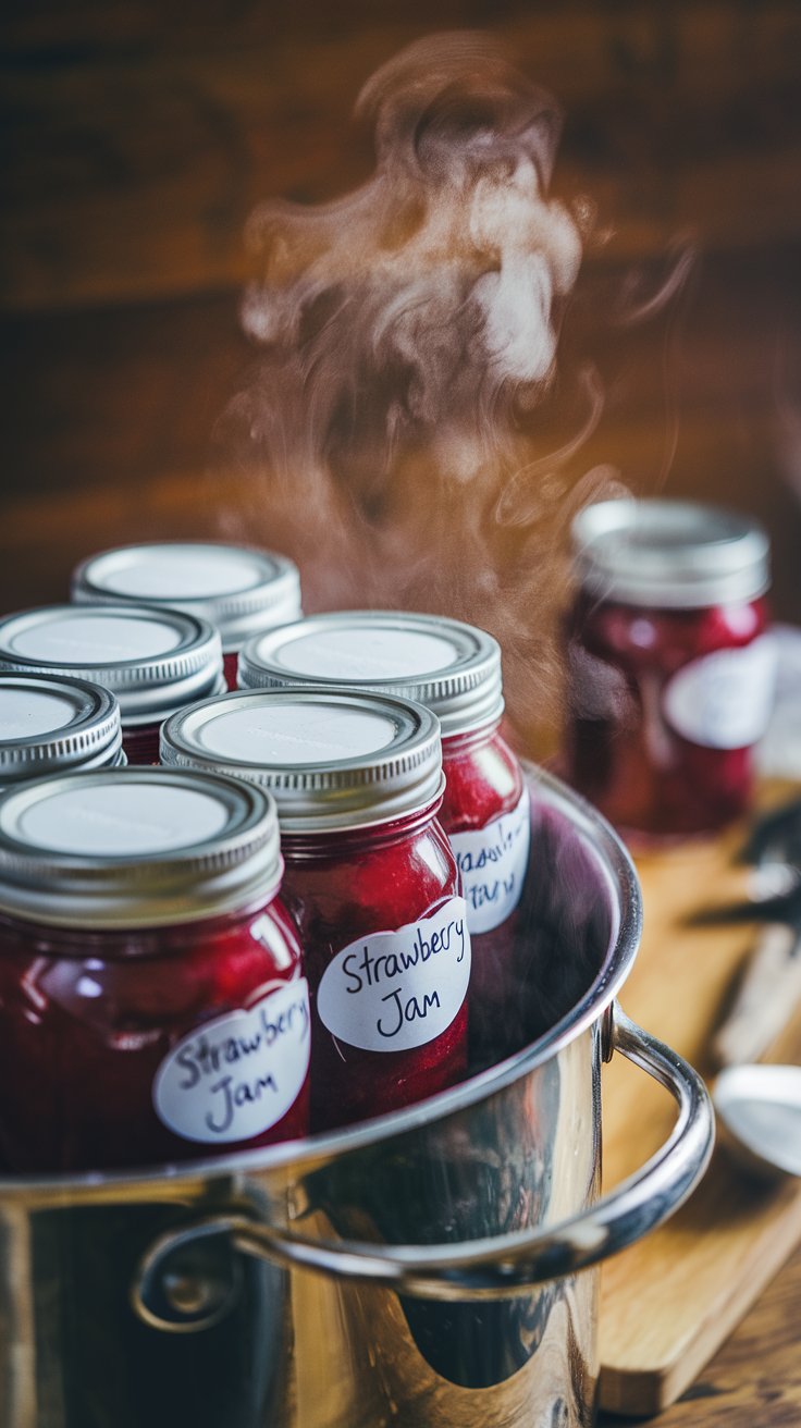 A row of mason jars, carefully arranged in a canning pot, with steam rising as they’re processed. A row of mason jars, carefully arranged in a canning pot, with steam rising as they’re processed.
