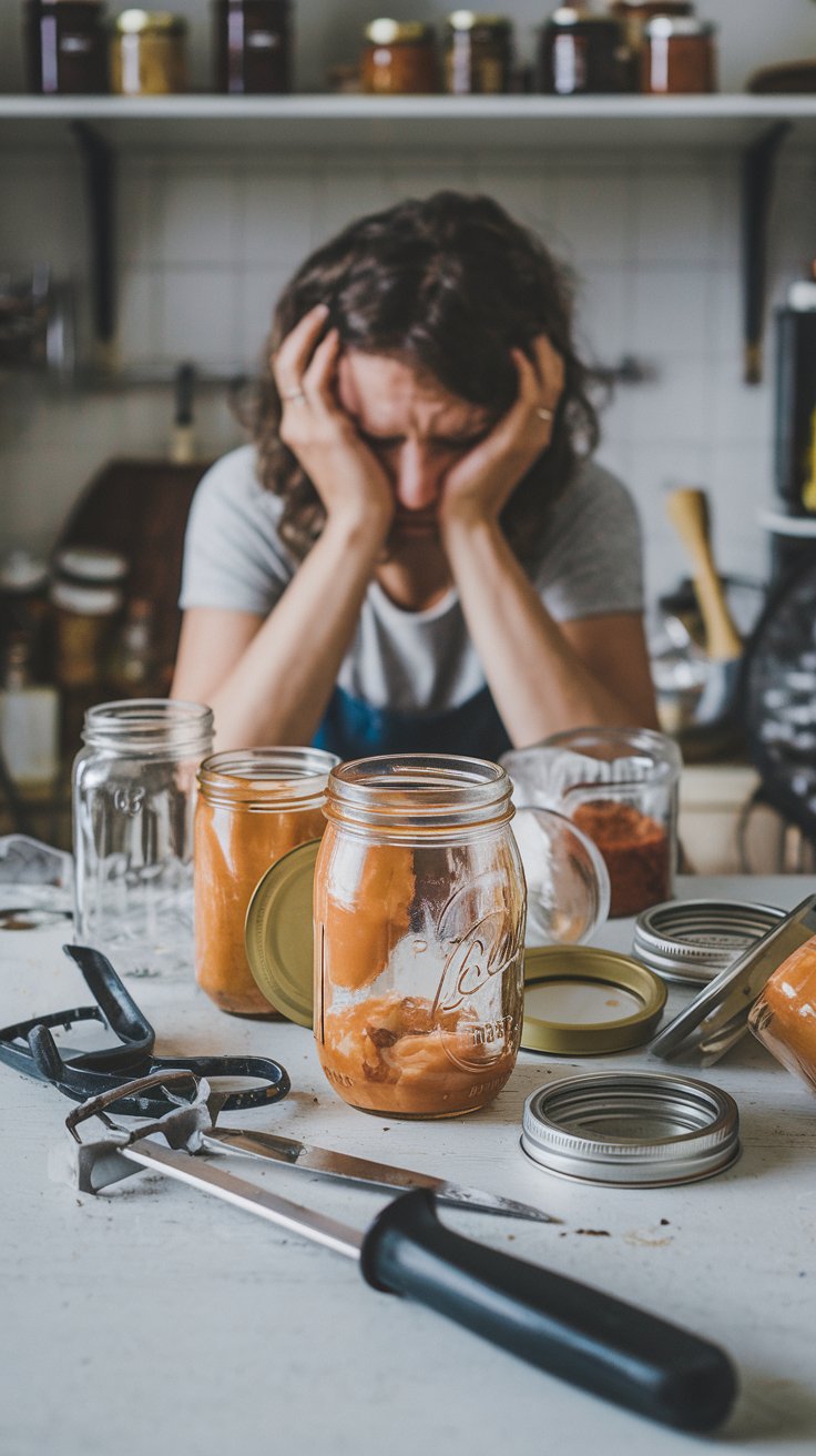 A frustrated home canner staring at jars that didn’t seal properly, surrounded by messy kitchen tools. Don't let this be you! A frustrated home canner staring at jars that didn’t seal properly, surrounded by messy kitchen tools. Don't let this be you!