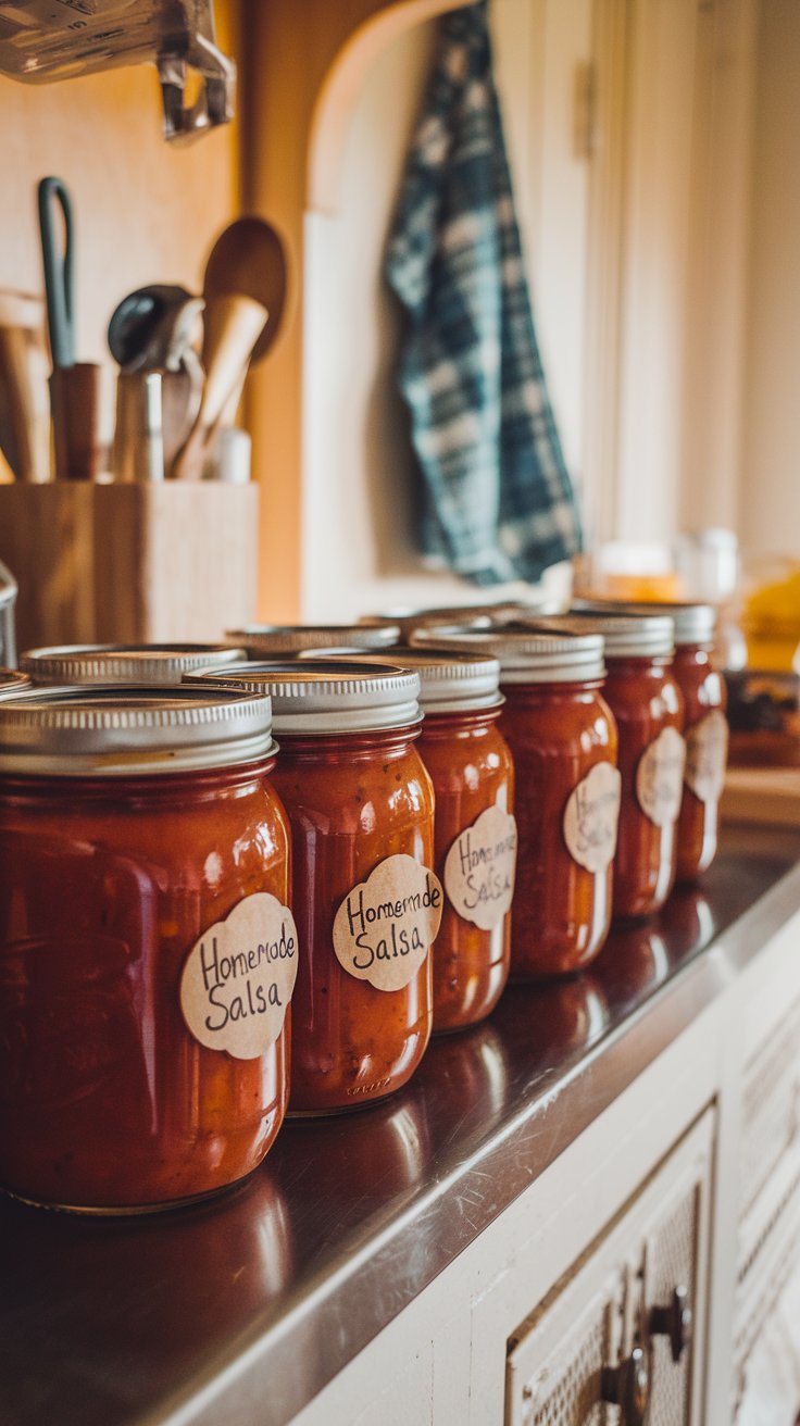 You’ve just sealed your first batch of homemade salsa, with jars neatly lined up on a kitchen counter, ready to be stored in a cool pantry. You're proud of your work! You’ve just sealed your first batch of homemade salsa, with jars neatly lined up on a kitchen counter, ready to be stored in a cool pantry. You're proud of your work!