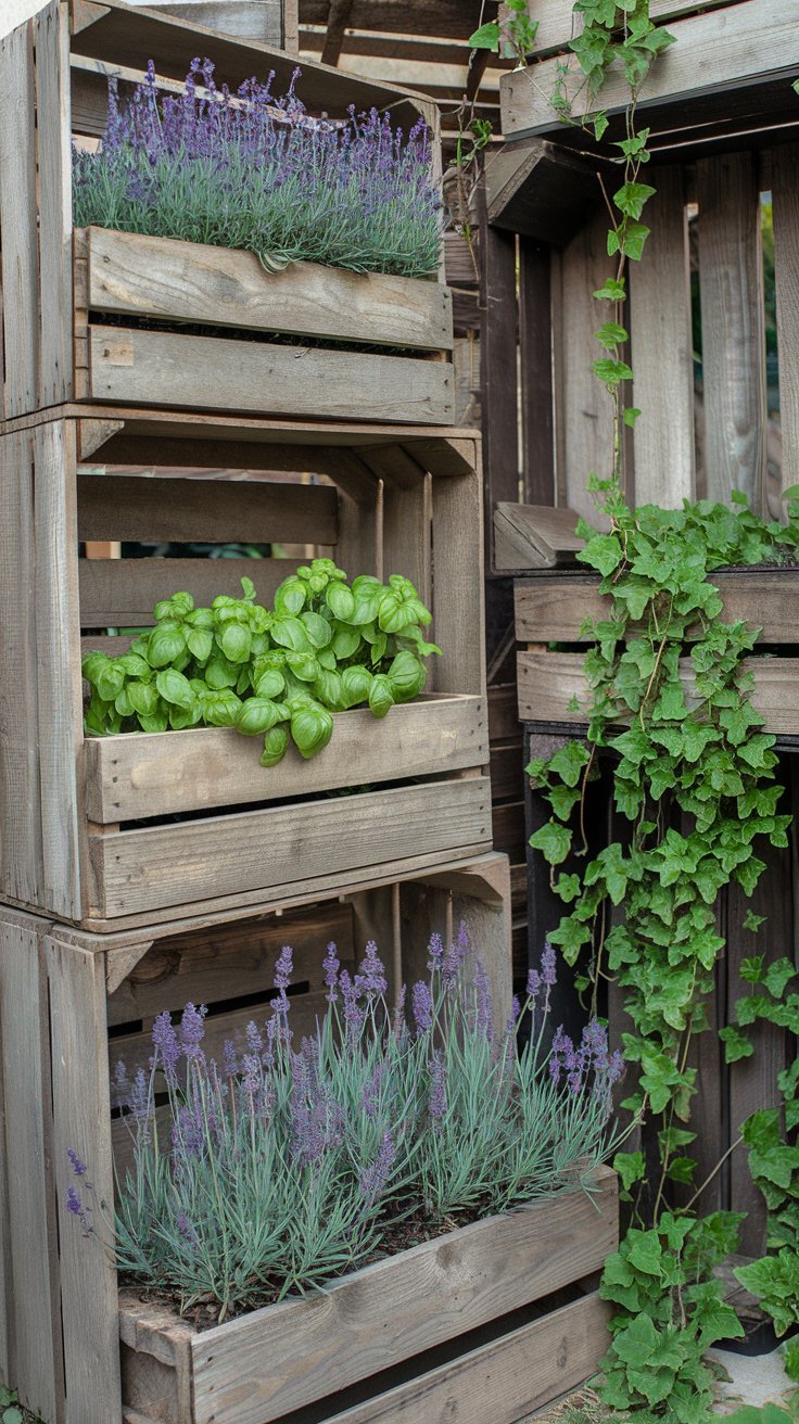 A cozy garden corner with weathered wooden crates stacked at different heights, each filled with lavender, basil, and trailing ivy. The aged wood contrasts beautifully with the vibrant greenery, creating a timeless, rustic feel. A cozy garden corner with weathered wooden crates stacked at different heights, each filled with lavender, basil, and trailing ivy. The aged wood contrasts beautifully with the vibrant greenery, creating a timeless, rustic feel.