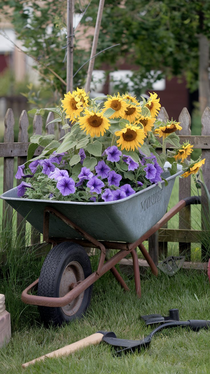A rusty metal wheelbarrow, slightly tilted, overflowing with bright yellow sunflowers and purple petunias. It's nestled in a grassy corner, surrounded by a picket fence and a few scattered garden tools. A rusty metal wheelbarrow, slightly tilted, overflowing with bright yellow sunflowers and purple petunias. It's nestled in a grassy corner, surrounded by a picket fence and a few scattered garden tools.