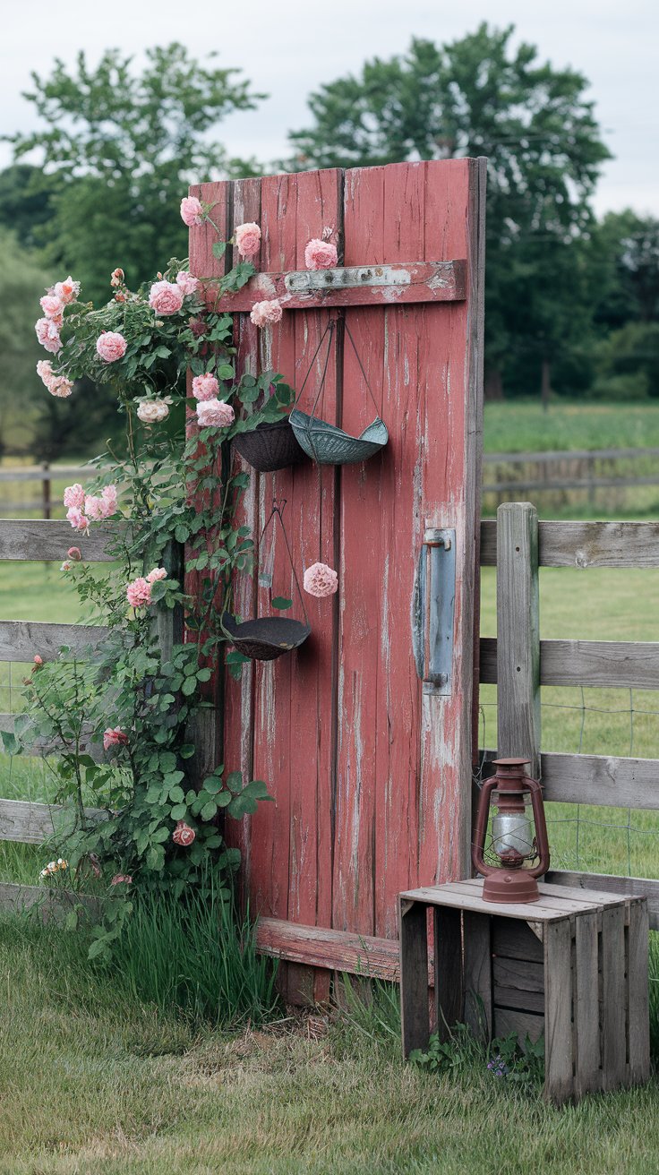 A weathered red barn door standing against a wooden fence, partially covered in climbing pink roses. A few antique metal planters hang from hooks, and a rusty lantern sits on a wooden crate beside it, completing the farmhouse aesthetic. A weathered red barn door standing against a wooden fence, partially covered in climbing pink roses. A few antique metal planters hang from hooks, and a rusty lantern sits on a wooden crate beside it, completing the farmhouse aesthetic.