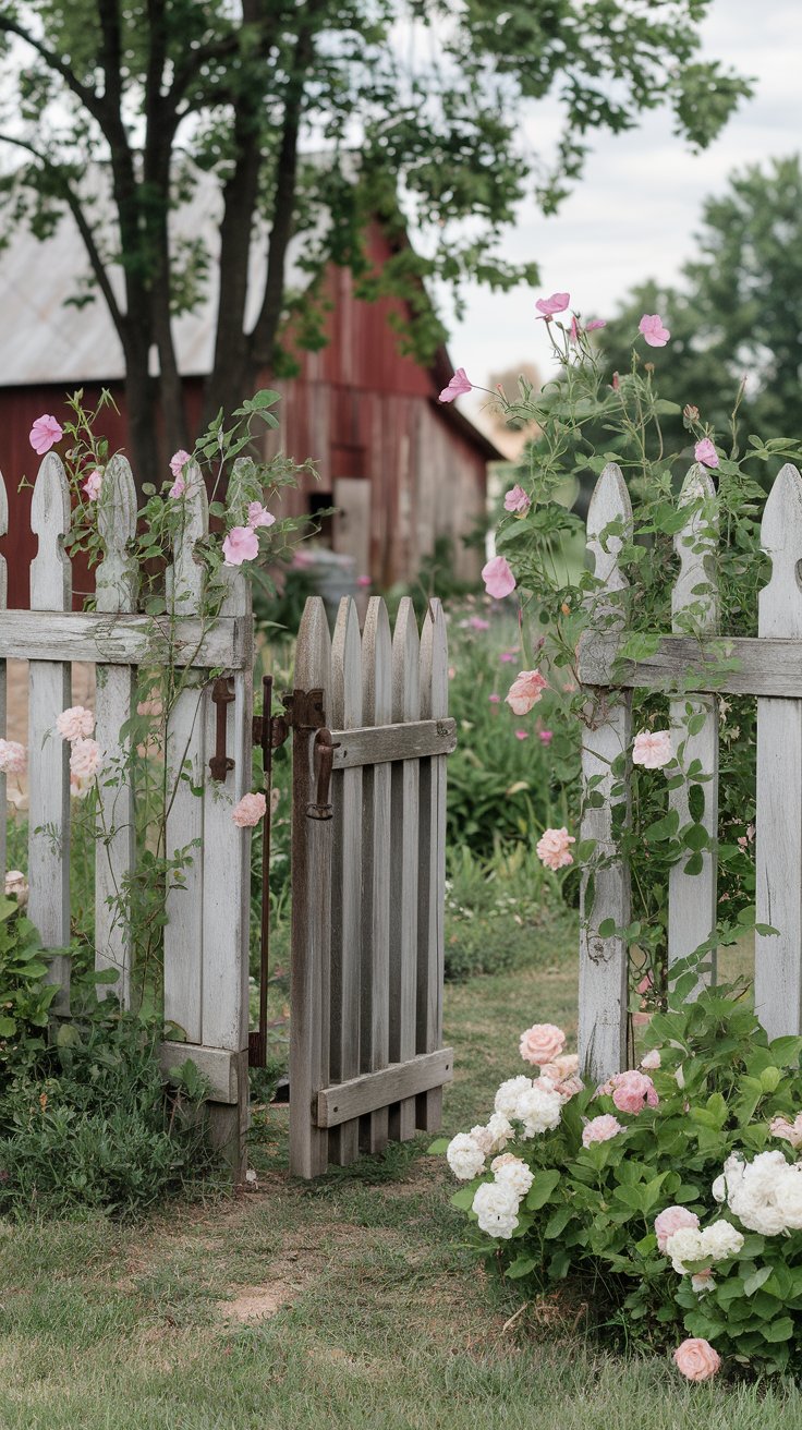 A slightly weathered white picket fence, lined with climbing morning glories and wild roses. A wooden gate with a vintage iron latch welcomes visitors into the lush farmhouse garden beyond. A slightly weathered white picket fence, lined with climbing morning glories and wild roses. A wooden gate with a vintage iron latch welcomes visitors into the lush farmhouse garden beyond.