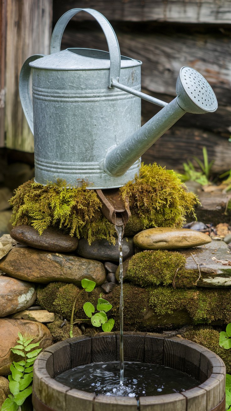 A galvanized watering can sitting on a pile of stacked stones, with a steady stream of water trickling from its spout into a small wooden barrel below. Lush green moss and ferns grow around the base, completing the serene farmhouse vibe. A galvanized watering can sitting on a pile of stacked stones, with a steady stream of water trickling from its spout into a small wooden barrel below. Lush green moss and ferns grow around the base, completing the serene farmhouse vibe.