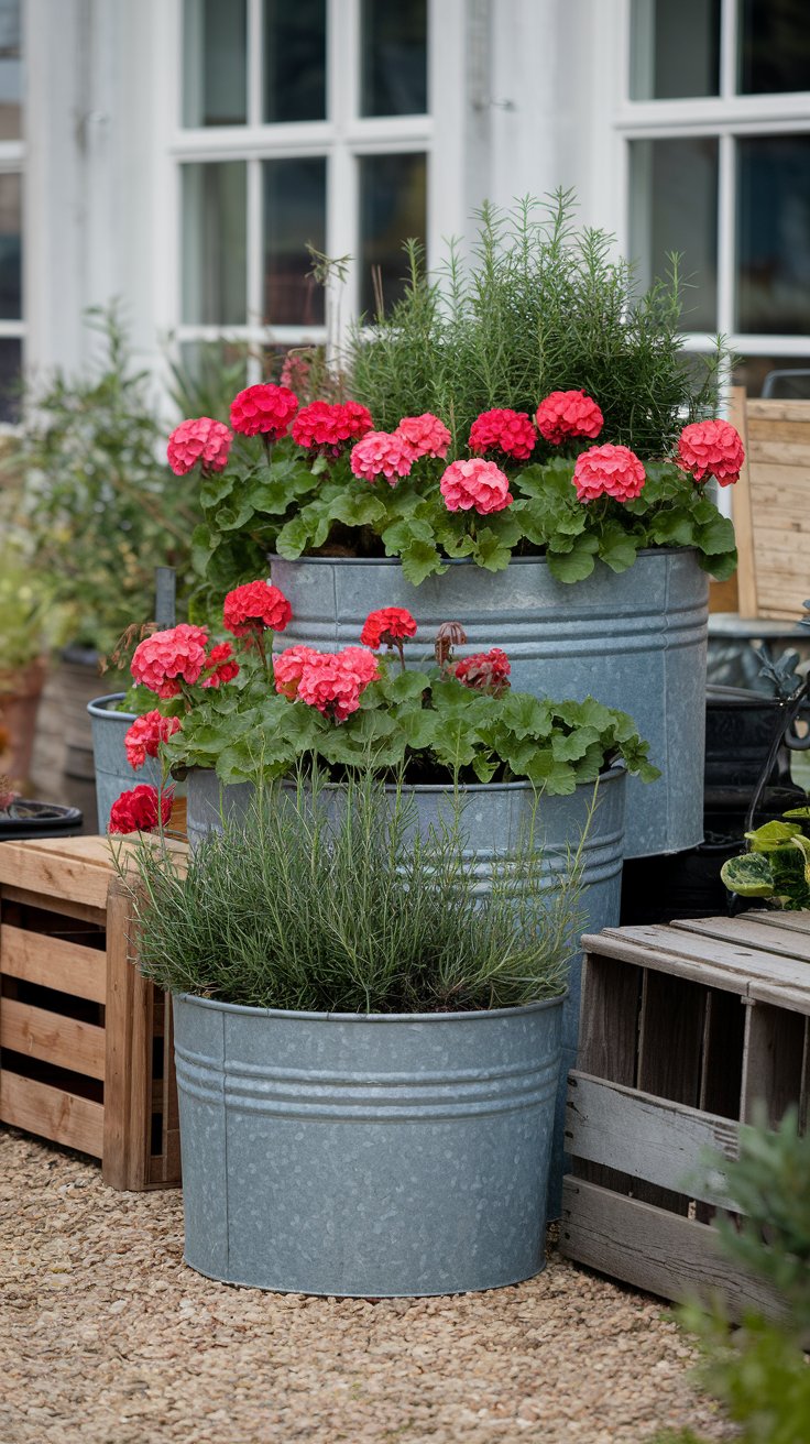 A cluster of galvanized metal tubs, overflowing with bright red geraniums and fragrant rosemary. The tubs sit on a gravel pathway, surrounded by wooden crates and an old wooden bench. A cluster of galvanized metal tubs, overflowing with bright red geraniums and fragrant rosemary. The tubs sit on a gravel pathway, surrounded by wooden crates and an old wooden bench.
