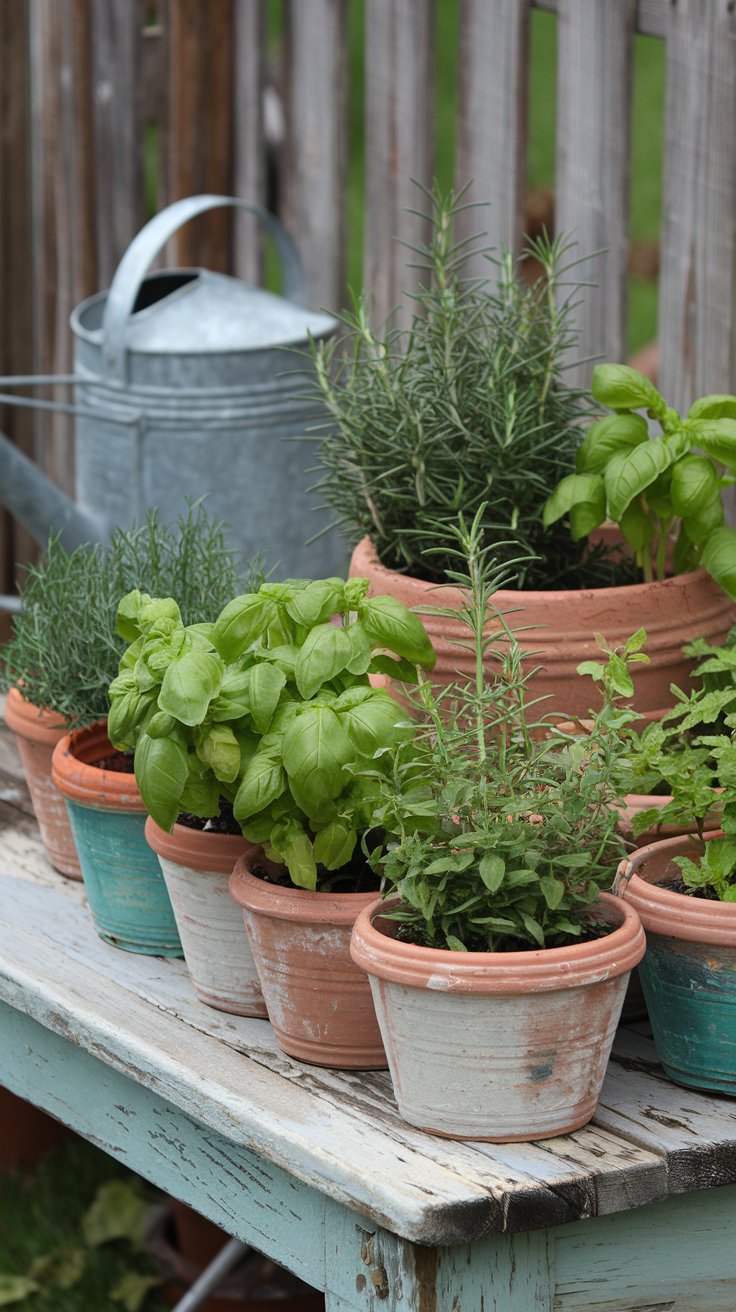 Rustic terracotta pots filled with vibrant herbs like basil, rosemary, and mint, arranged neatly on a weathered wooden table. In the background, a small galvanized metal watering can sits near a wooden fence. Rustic terracotta pots filled with vibrant herbs like basil, rosemary, and mint, arranged neatly on a weathered wooden table. In the background, a small galvanized metal watering can sits near a wooden fence.