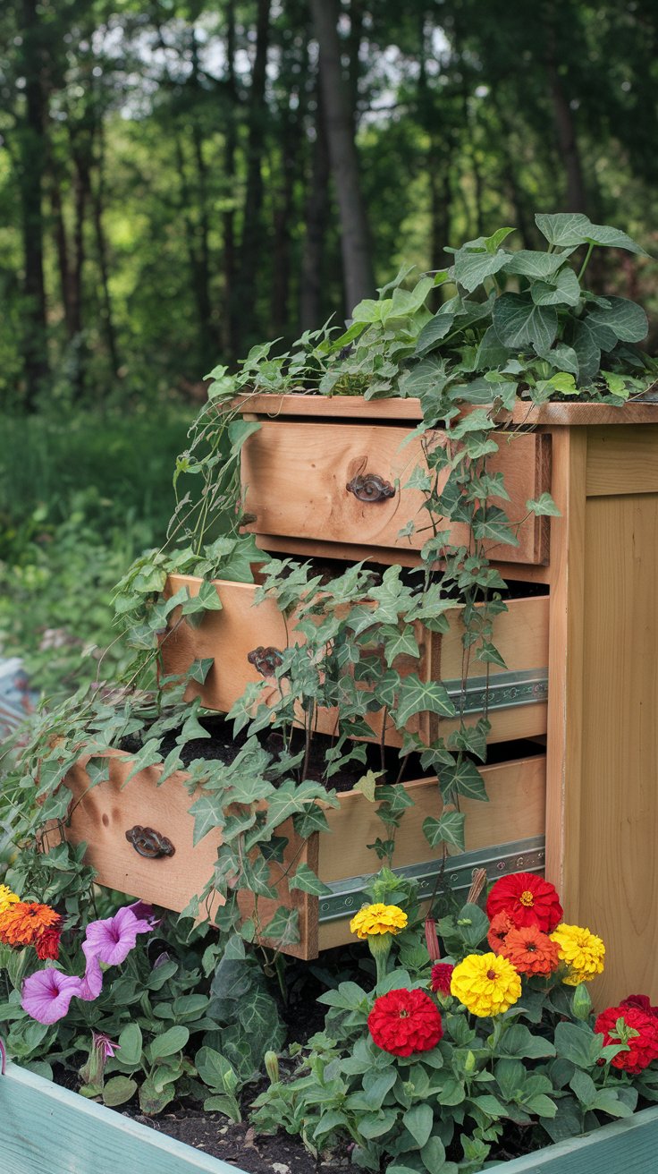 An upcycled wooden dresser, now serving as a raised garden bed, filled with colorful petunias and marigolds. The dresser’s drawers are lined with ivy, creating a cascading effect. An upcycled wooden dresser, now serving as a raised garden bed, filled with colorful petunias and marigolds. The dresser’s drawers are lined with ivy, creating a cascading effect.