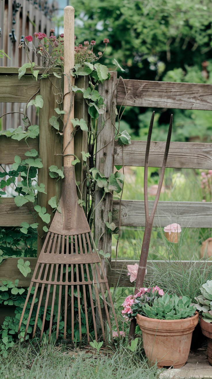 An antique rake leaned against a wooden fence, with vines and flowers climbing its tines. Nearby, a rusted pitchfork is set next to a cluster of potted plants, creating an effortlessly charming rustic garden scene. An antique rake leaned against a wooden fence, with vines and flowers climbing its tines. Nearby, a rusted pitchfork is set next to a cluster of potted plants, creating an effortlessly charming rustic garden scene.