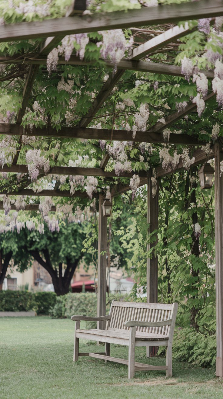 A wooden pergola covered in blooming wisteria, casting dappled shade over a rustic wooden bench. Lanterns hang from the beams, creating a peaceful, welcoming space. A wooden pergola covered in blooming wisteria, casting dappled shade over a rustic wooden bench. Lanterns hang from the beams, creating a peaceful, welcoming space.