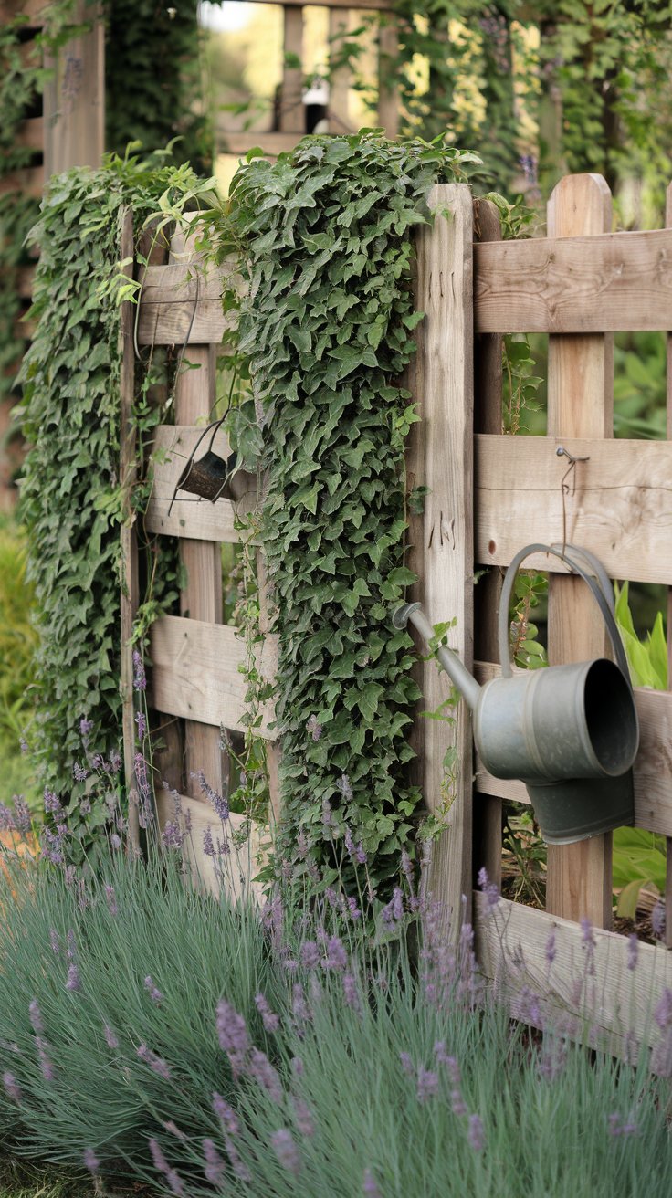 A pallet fence surrounding a garden, with creeping ivy and soft lavender growing along the base. The weathered wood adds a charming touch, while a few antique watering cans hang from the fence for decoration. A pallet fence surrounding a garden, with creeping ivy and soft lavender growing along the base. The weathered wood adds a charming touch, while a few antique watering cans hang from the fence for decoration.