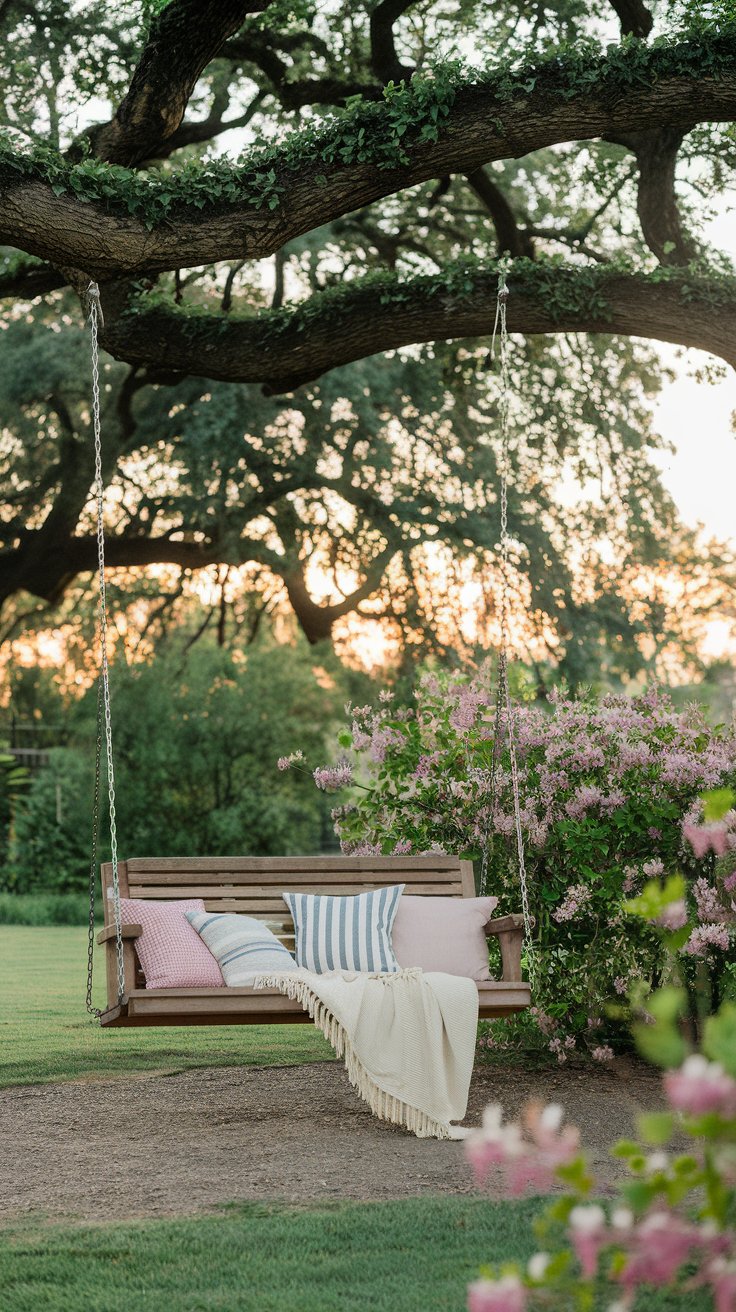 A wooden swing, nestled beneath a large oak tree, with soft pillows and blankets piled on it. The air is filled with the sweet scent of blooming honeysuckle, and the setting sun casts a warm glow across the garden. A wooden swing, nestled beneath a large oak tree, with soft pillows and blankets piled on it. The air is filled with the sweet scent of blooming honeysuckle, and the setting sun casts a warm glow across the garden.