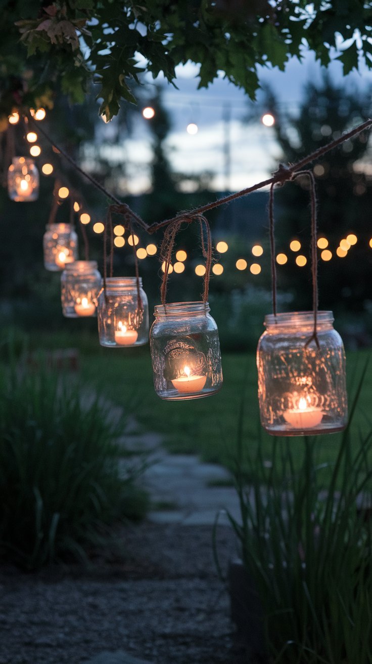 Vintage glass jars filled with flickering candles, hanging from twine ropes strung between trees. The soft light illuminates a garden path, creating a cozy, rustic atmosphere as twilight sets in. Vintage glass jars filled with flickering candles, hanging from twine ropes strung between trees. The soft light illuminates a garden path, creating a cozy, rustic atmosphere as twilight sets in.