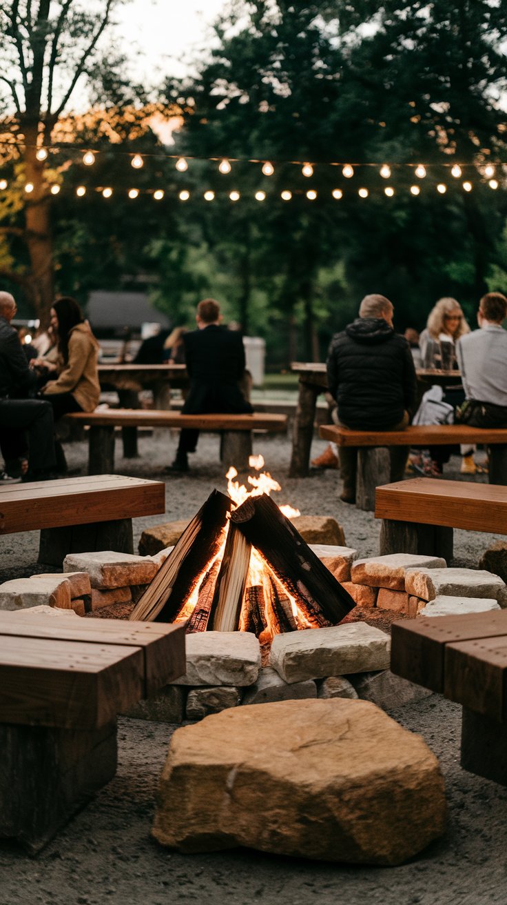 A rustic fire pit surrounded by wooden benches and large stone rocks. The warm glow of the fire flickers as string lights hang overhead, creating a cozy gathering space on a cool evening. A rustic fire pit surrounded by wooden benches and large stone rocks. The warm glow of the fire flickers as string lights hang overhead, creating a cozy gathering space on a cool evening.