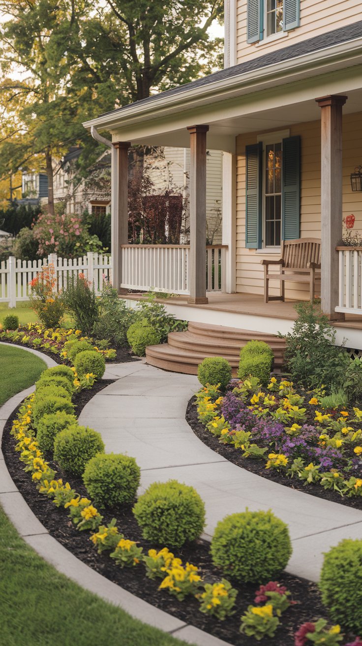 A beautifully landscaped front yard with a curved walkway, colorful flower beds, and neatly trimmed shrubs leading up to a charming front porch.