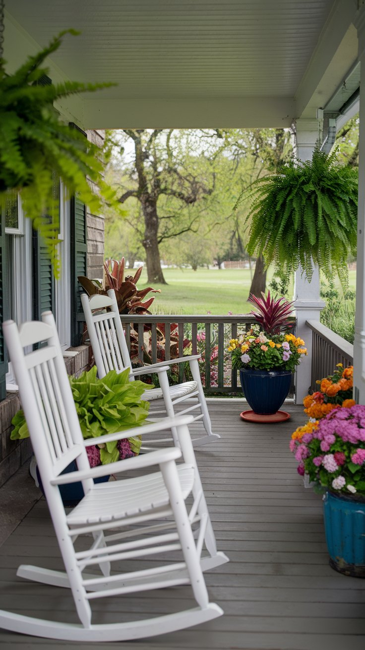 A front porch with white rocking chairs, colorful potted plants, and hanging ferns, creating a cozy, inviting feel.