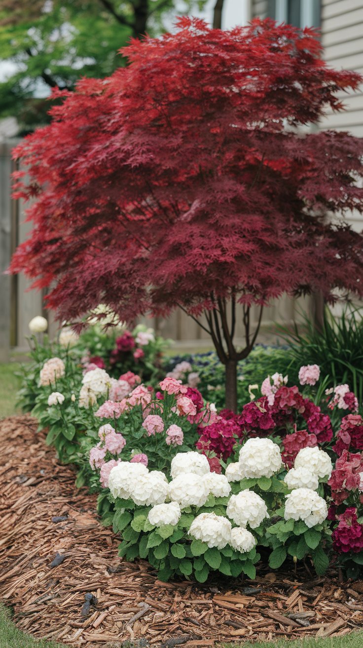 A front yard featuring a striking red Japanese maple tree surrounded by a neatly mulched flower bed.
