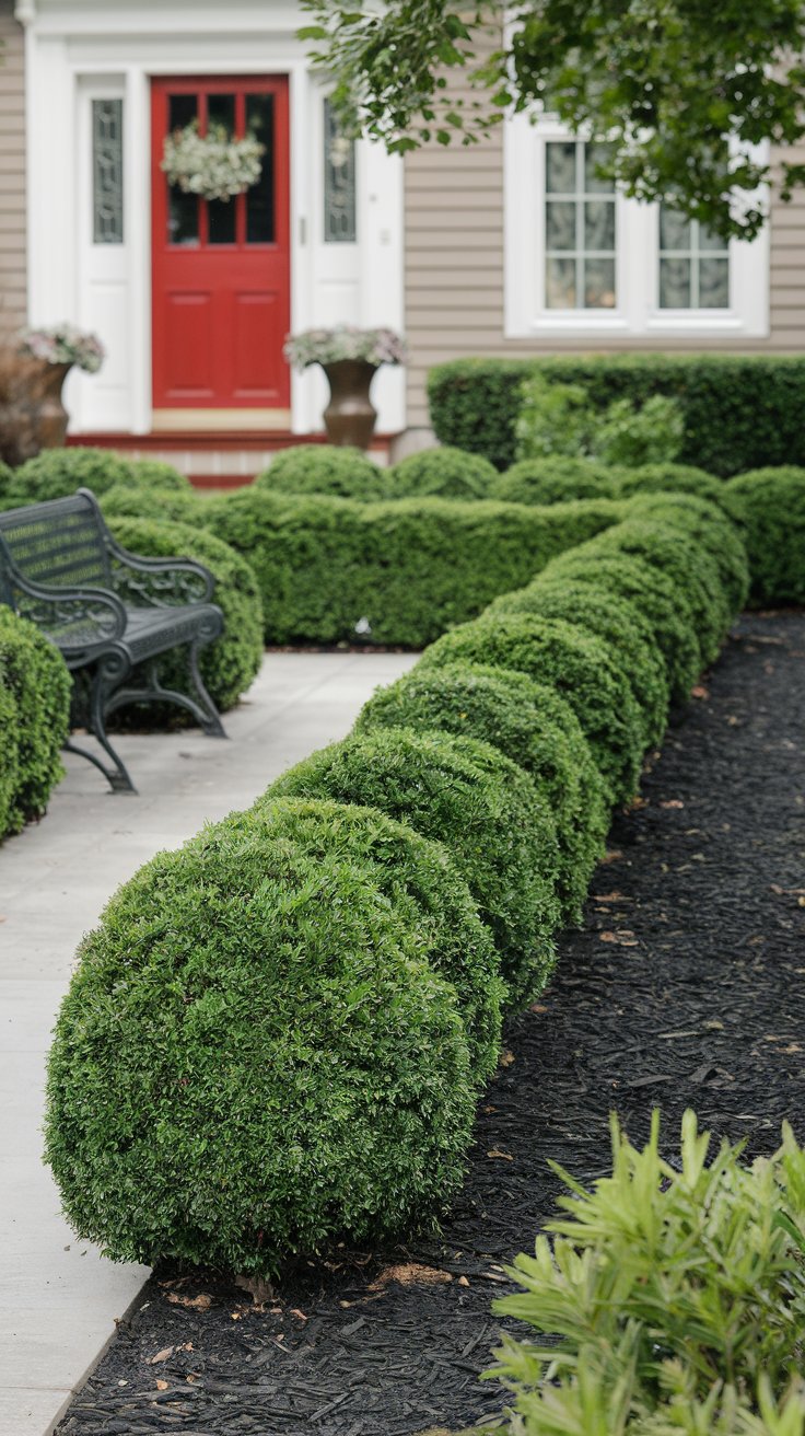 A front yard with neatly trimmed evergreen shrubs lining the walkway, providing year-round greenery.