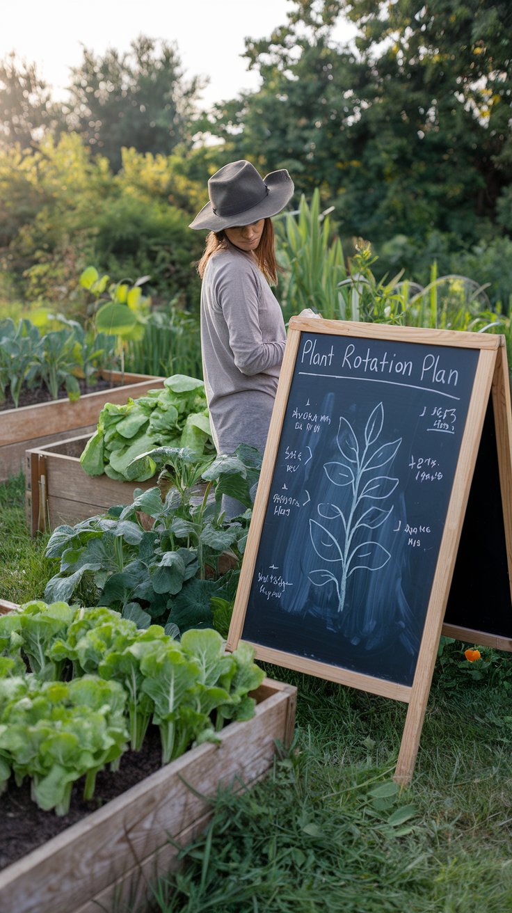 A gardener marking plant rotation plans on a chalkboard, with a background of raised beds full of healthy vegetables.