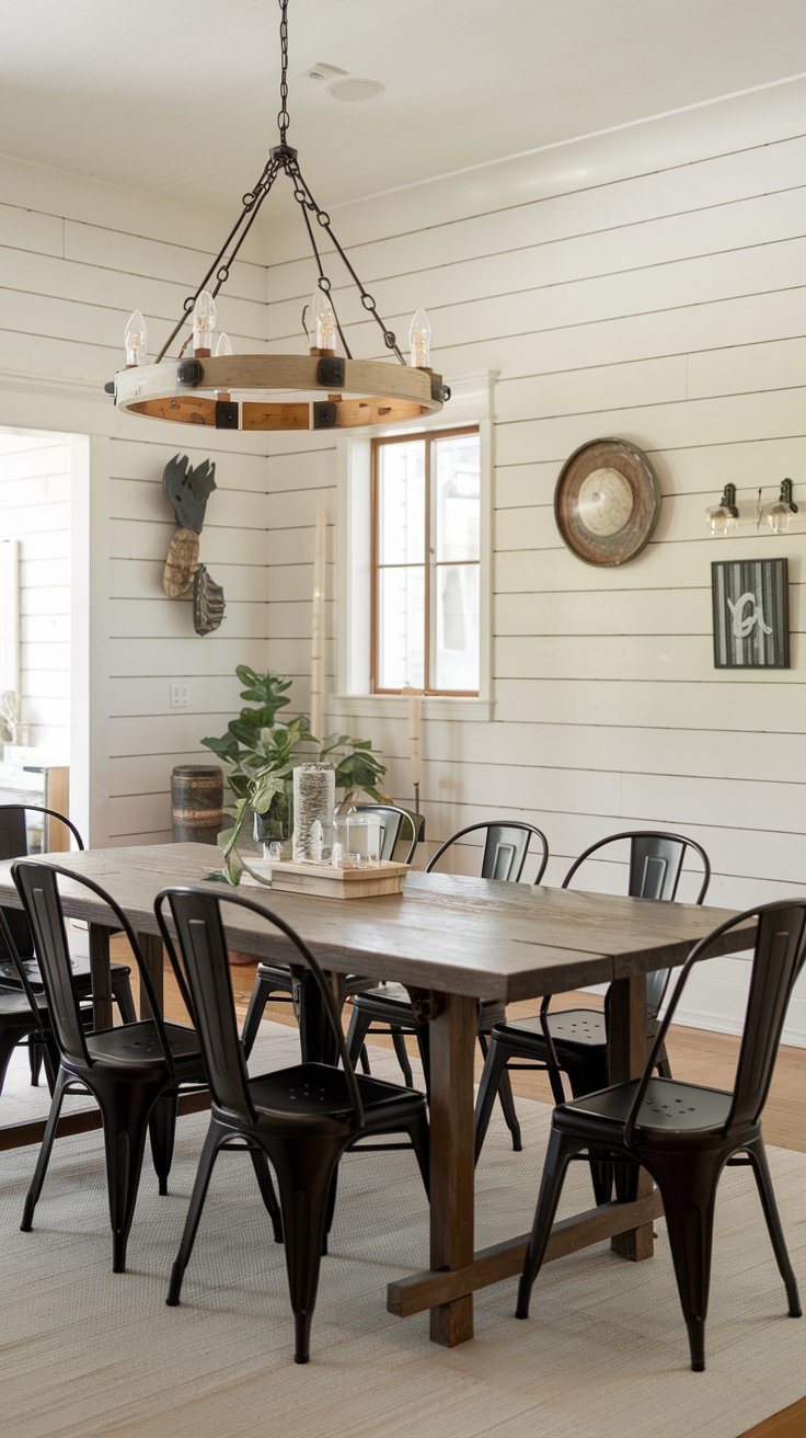 A dining room with white shiplap walls, a rustic wooden table, and black metal chairs. A chandelier made of wood and iron hangs above the table. A dining room with white shiplap walls, a rustic wooden table, and black metal chairs. A chandelier made of wood and iron hangs above the table.