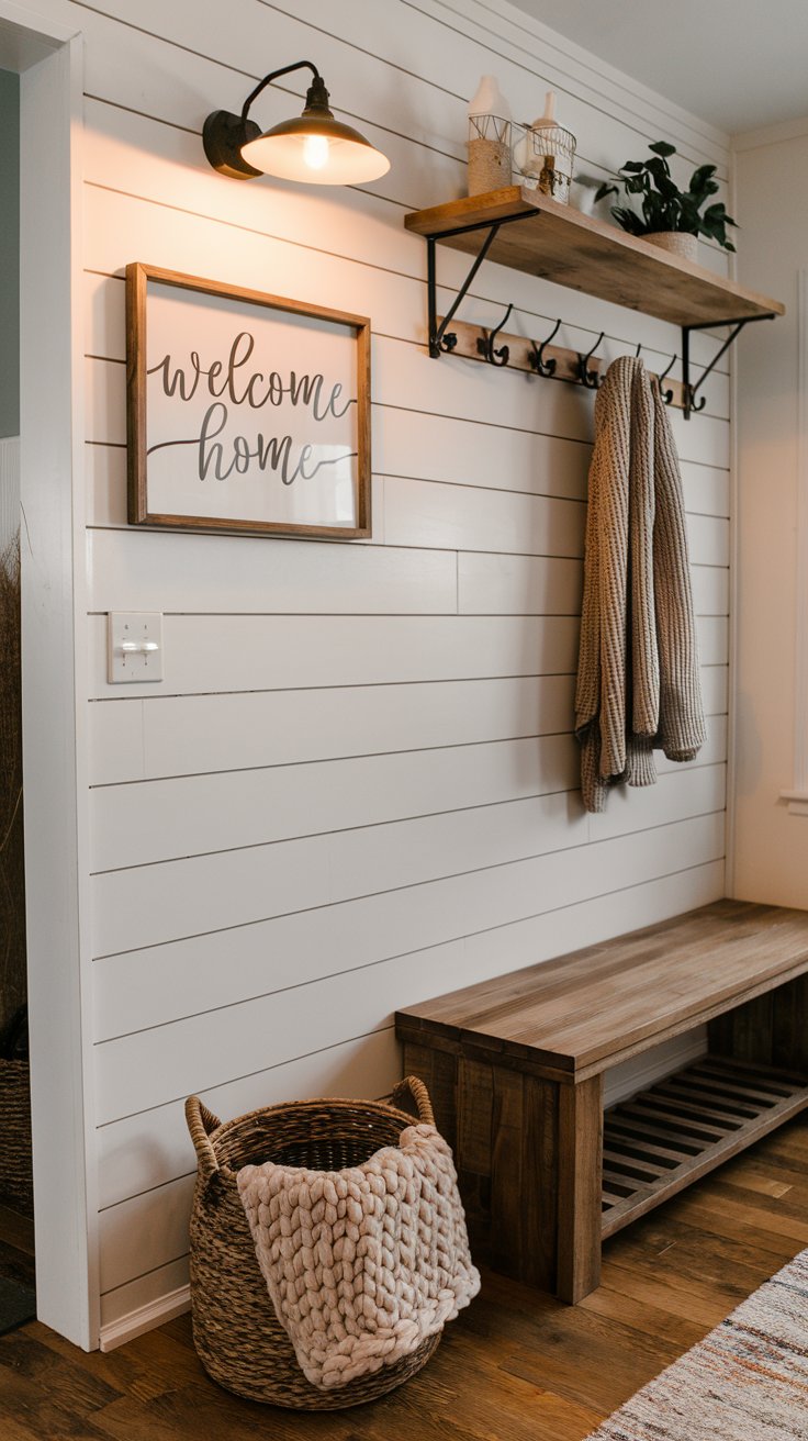 A modern farmhouse entryway with a shiplap wall, a wooden bench, and a framed sign that says "Welcome Home." A woven basket holds a chunky knit blanket, and a coat rack stands nearby. A modern farmhouse entryway with a shiplap wall, a wooden bench, and a framed sign that says "Welcome Home." A woven basket holds a chunky knit blanket, and a coat rack stands nearby.