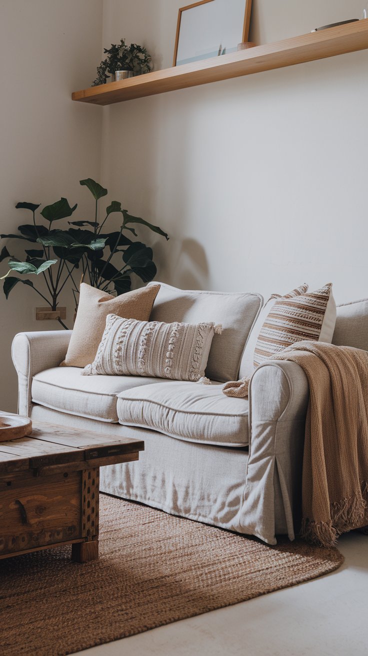 A living room with a linen sofa covered in knit and patterned pillows. A jute rug lies under a reclaimed wood coffee table, and a soft throw blanket is draped over the armrest. A living room with a linen sofa covered in knit and patterned pillows. A jute rug lies under a reclaimed wood coffee table, and a soft throw blanket is draped over the armrest.