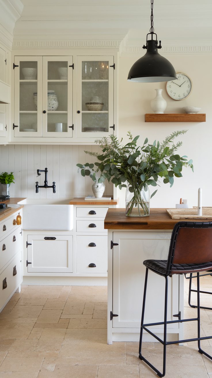 A kitchen with white cabinets, black hardware, and a black metal pendant light above a wooden island. A vase with fresh greenery sits on the counter. A kitchen with white cabinets, black hardware, and a black metal pendant light above a wooden island. A vase with fresh greenery sits on the counter.